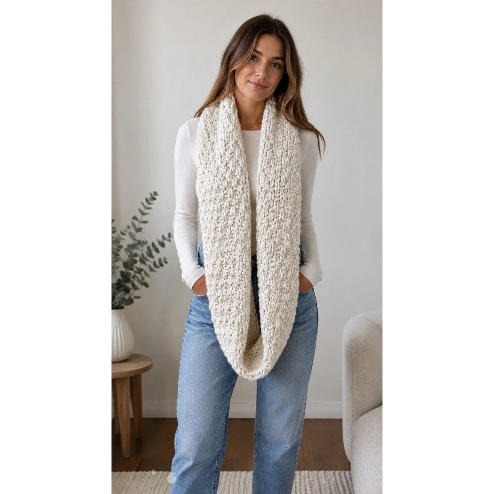 Hand Knit White Chunky Crochet Soft  Infinity Loop Circle Large Scarf 76”